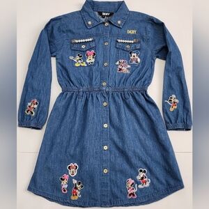 DKNY Girls Mickey Mouse Denim Jean Button Front Long Sleeve Dress Upcycle, sz 6